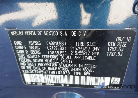 2017 Honda Hr-V Ex-L from USA, damaged, VIN 3CZRU5H77HM703978